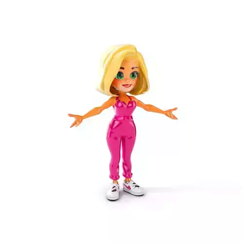 Charming Cartoon Girl in Pink Jumpsuit  Rigged and Animated Low-poly 3D model