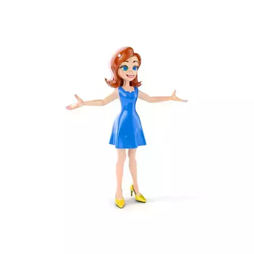 Smiling Female D Character in Blue Dress Rigged and Animated Low-poly 3D model