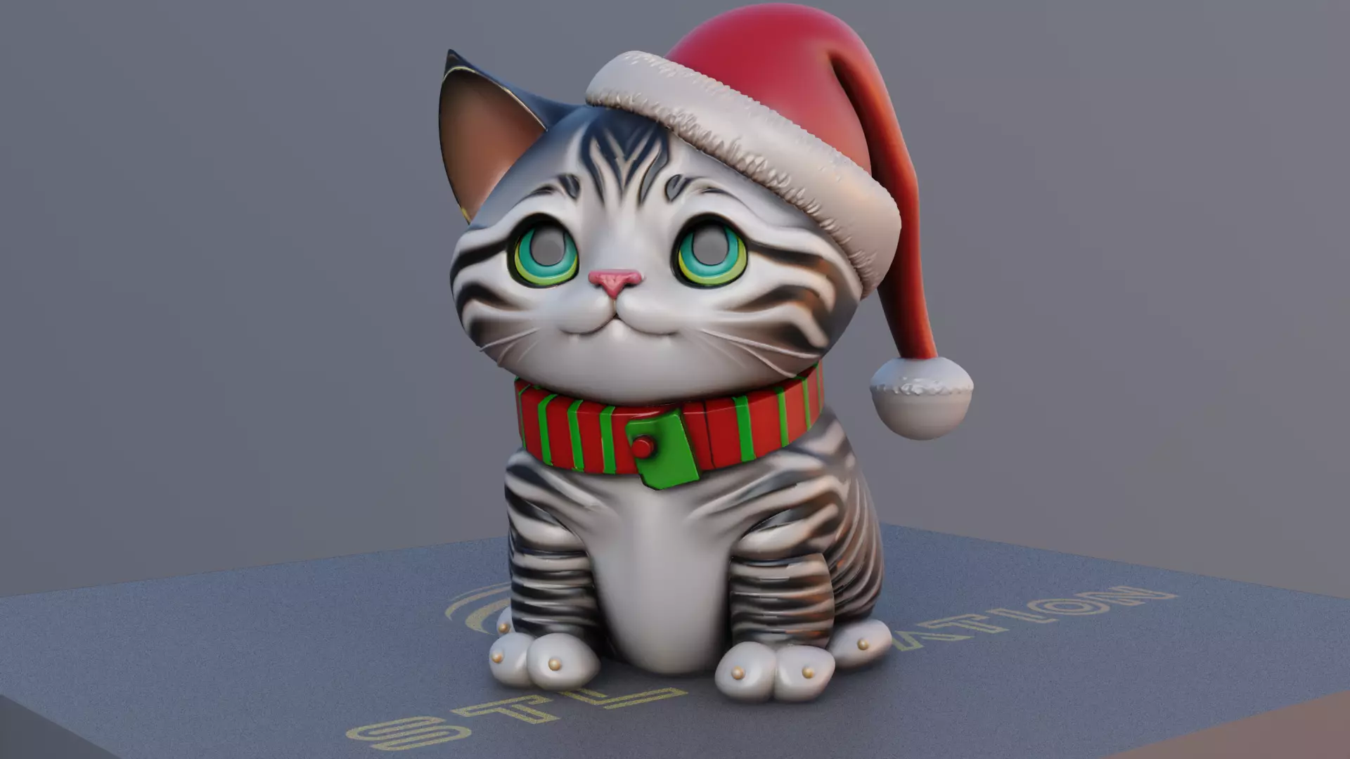 Festive Cat 3D Printable Christmas Cat Model with Santa Hat 3D print model_0