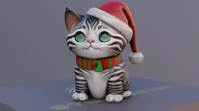 Festive Cat 3D Printable Christmas Cat Model with Santa Hat 3D print model