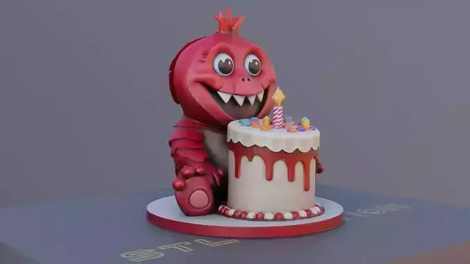 Birthday Beastie 3D Printable Cute Monster with Cake 3D print model