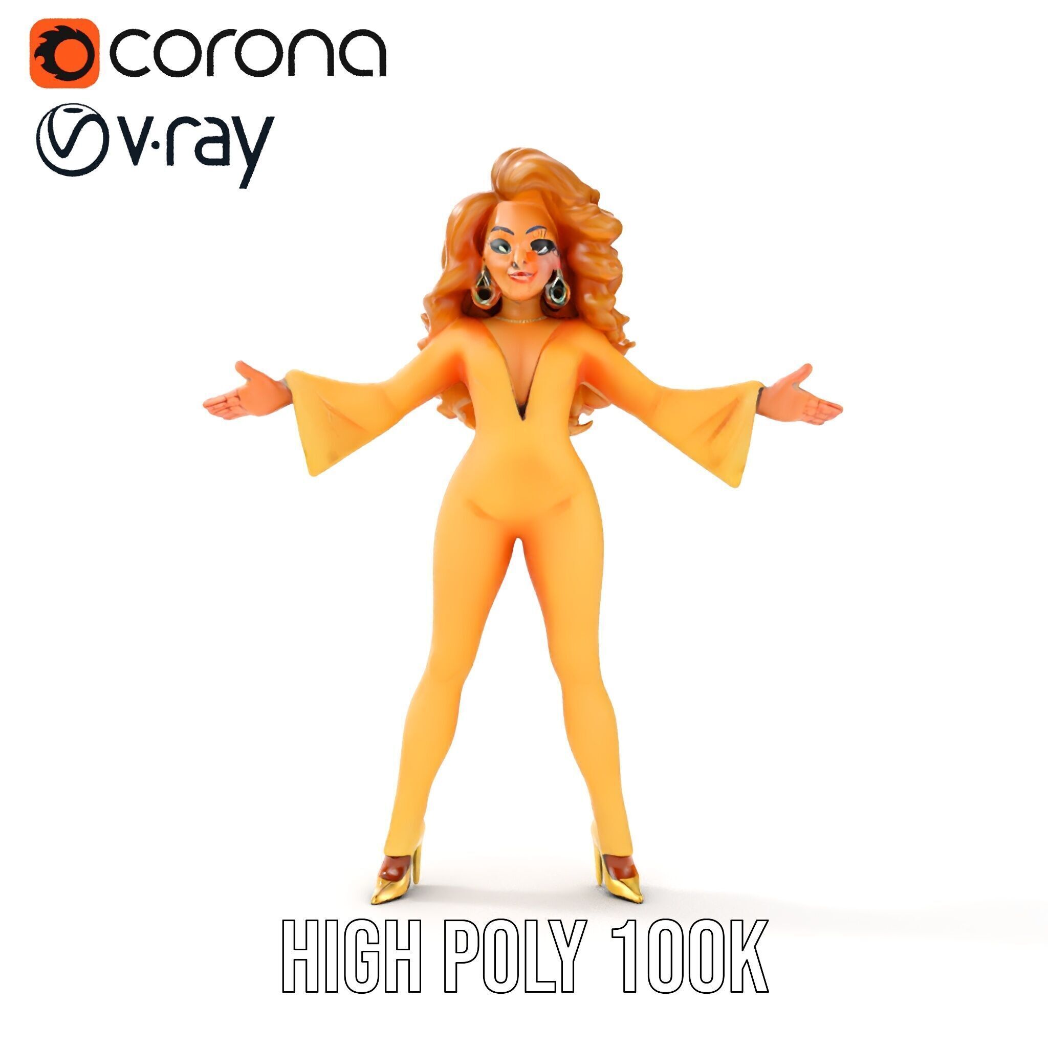 Golden Glam Diva Character Rigged and Animated Low-poly 3D model_23