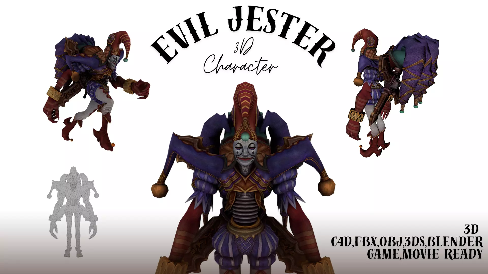 Fantasy Jester Demon 3D Character Game Ready C4D FBX OBJ Low-poly 3D model_0