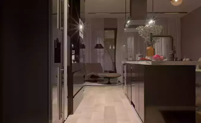 Warm Dark Modern Kitchen Interior Scene Relaxed Mood 