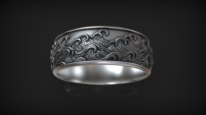Ocean Wave Sea Pattern Engraved Wedding Band 3D print model