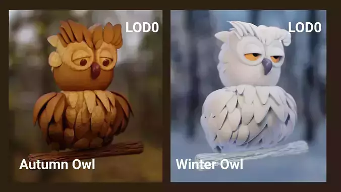 Stylized Owl 3D Models Low Poly Autumn and Winter Pack