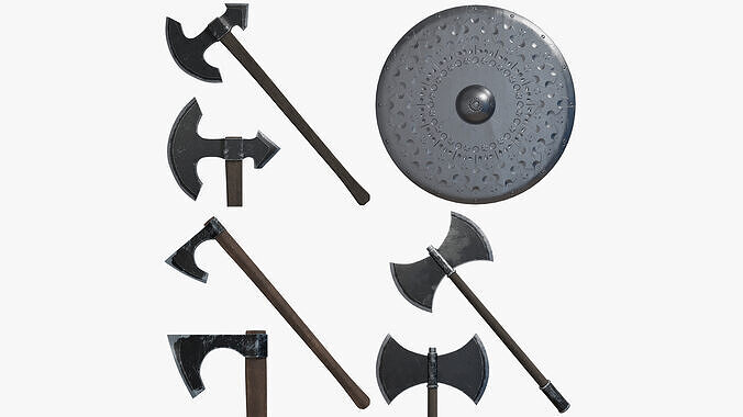 Medieval Battle Axe And Shield Low-poly 3D model