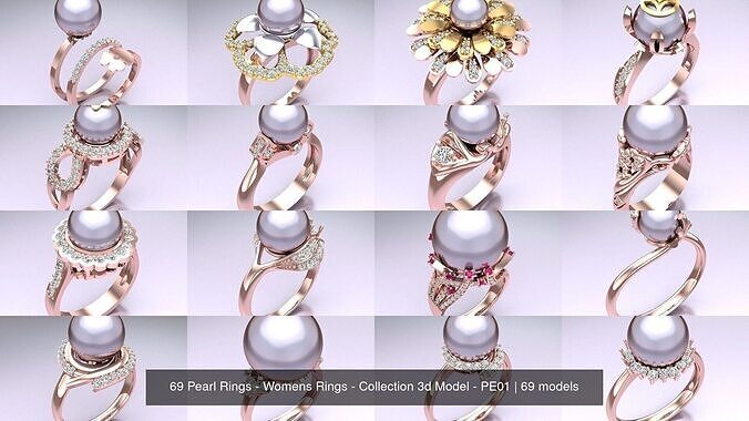69 Pearl Rings - Womens Rings - Collection 3d Model - PE01 
