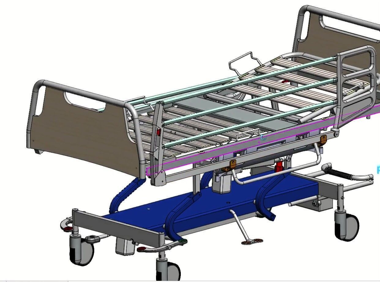 Hospital Adjustable Bed with Side Rails and Swivel Casters 3D model_2