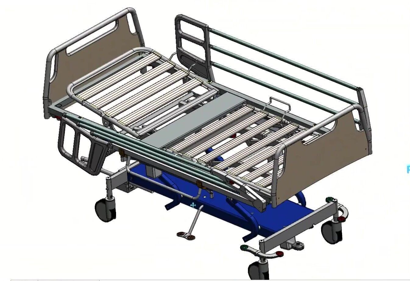 Hospital Adjustable Bed with Side Rails and Swivel Casters 3D model_1