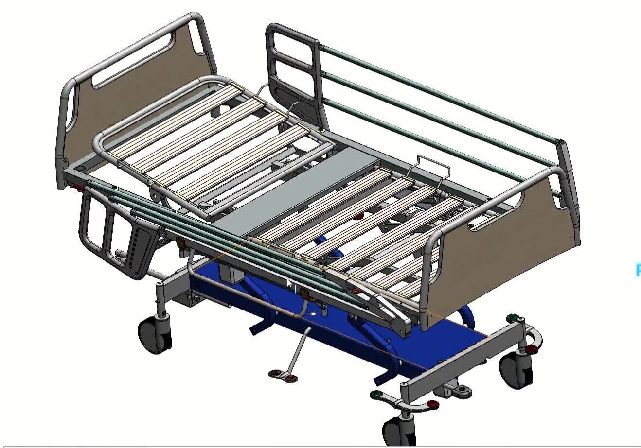 Hospital Adjustable Bed with Side Rails and Swivel Casters 3D model_8