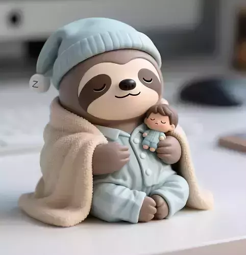 Sleepy Sloth with Sleep Hat Hugging Human Toy 3D print model