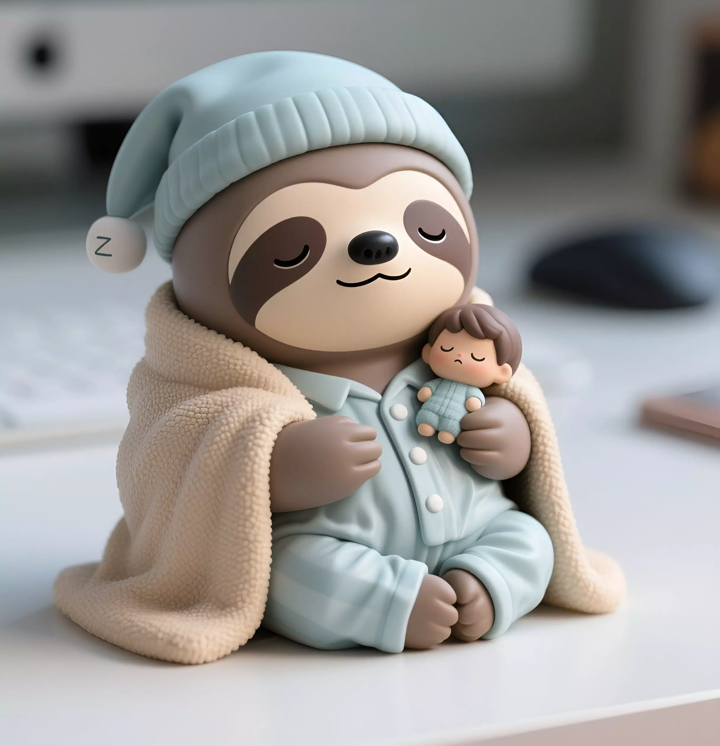 Sleepy Sloth with Sleep Hat Hugging Human Toy 3D print model_0