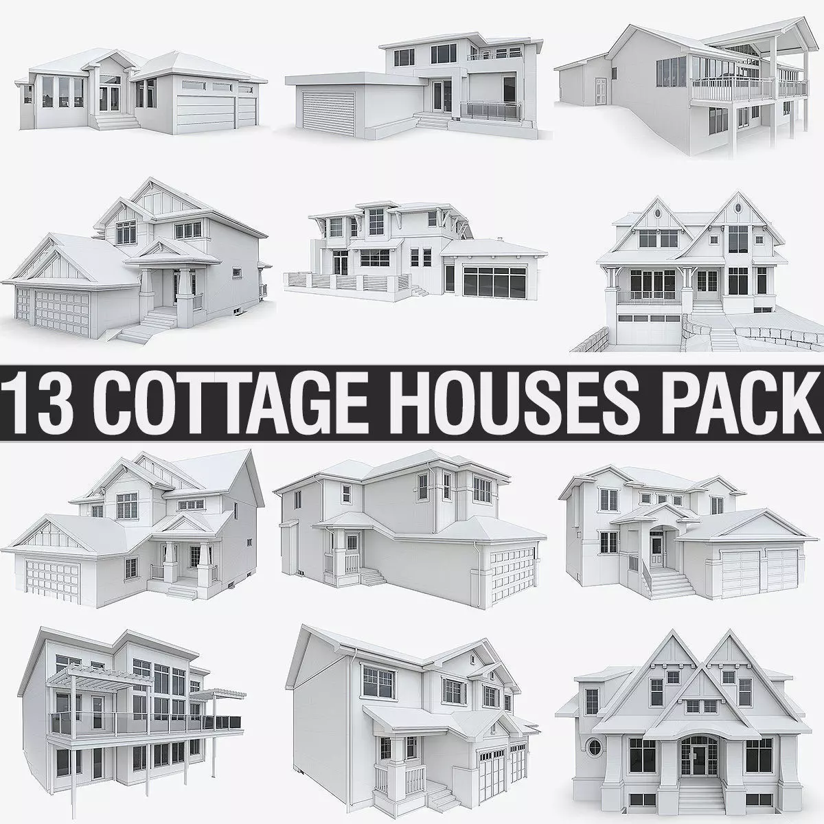 Modern Cottage Houses-13 Pack Low-poly 3D model_0
