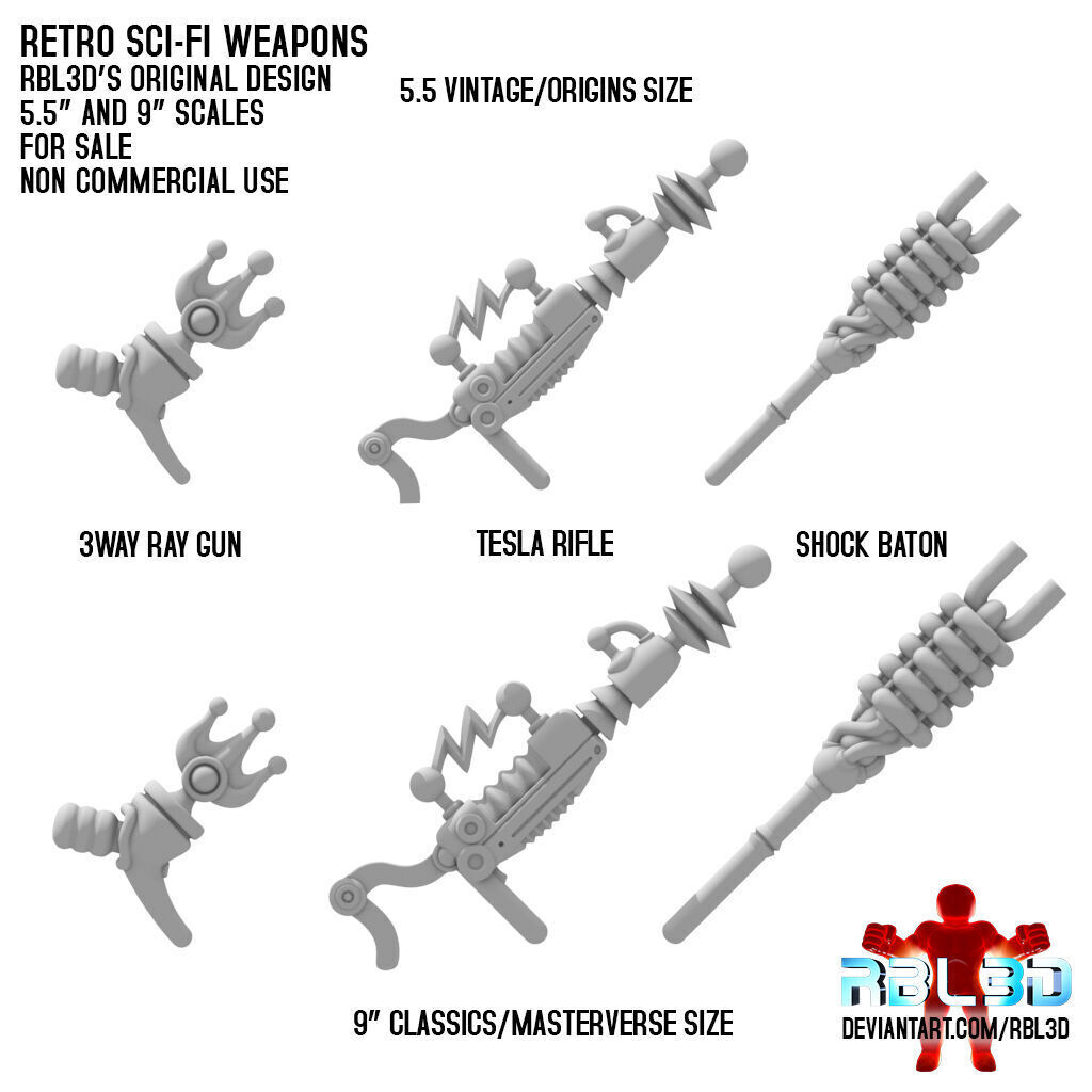 Retro Sci-fi Weapons 3 pack Motu Compatible 3D print model_1