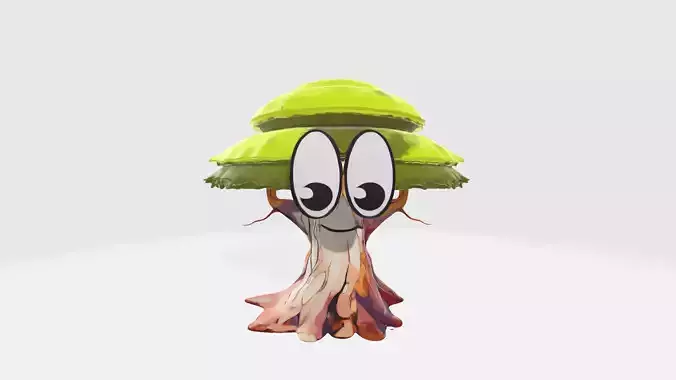 Cartoon Oak Tree Character with Eyes and Mouth High Poly