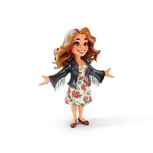 Animated Rigged Character Model  Floral Dress Girl with Jacket Low-poly 3D model