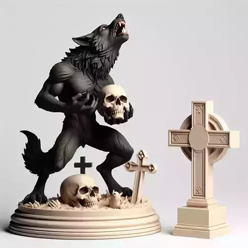 1066COLORFUL  Werewolf Howling with Skull 3D Model