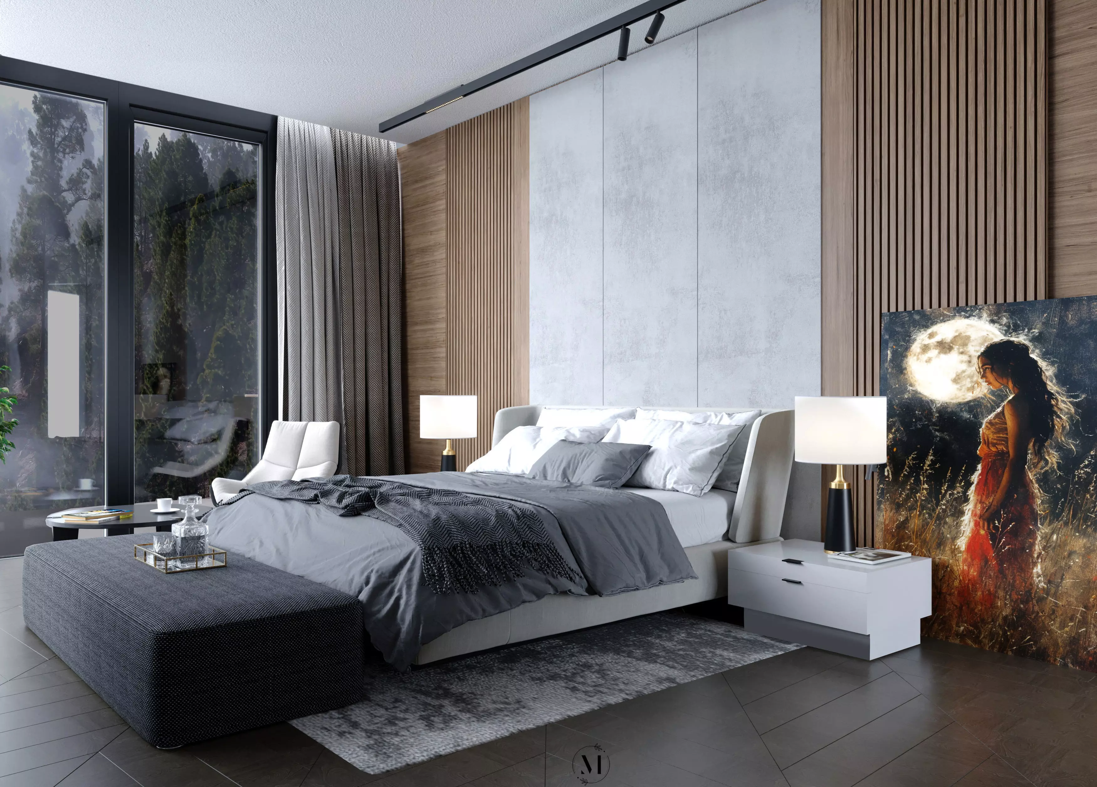 Contemporary Bedroom Interior Scene with Panoramic Views 3D model