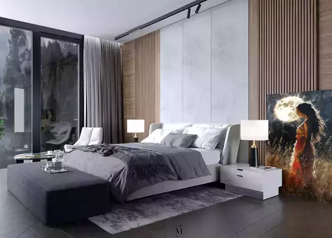 Contemporary Bedroom Interior Scene with Panoramic Views
