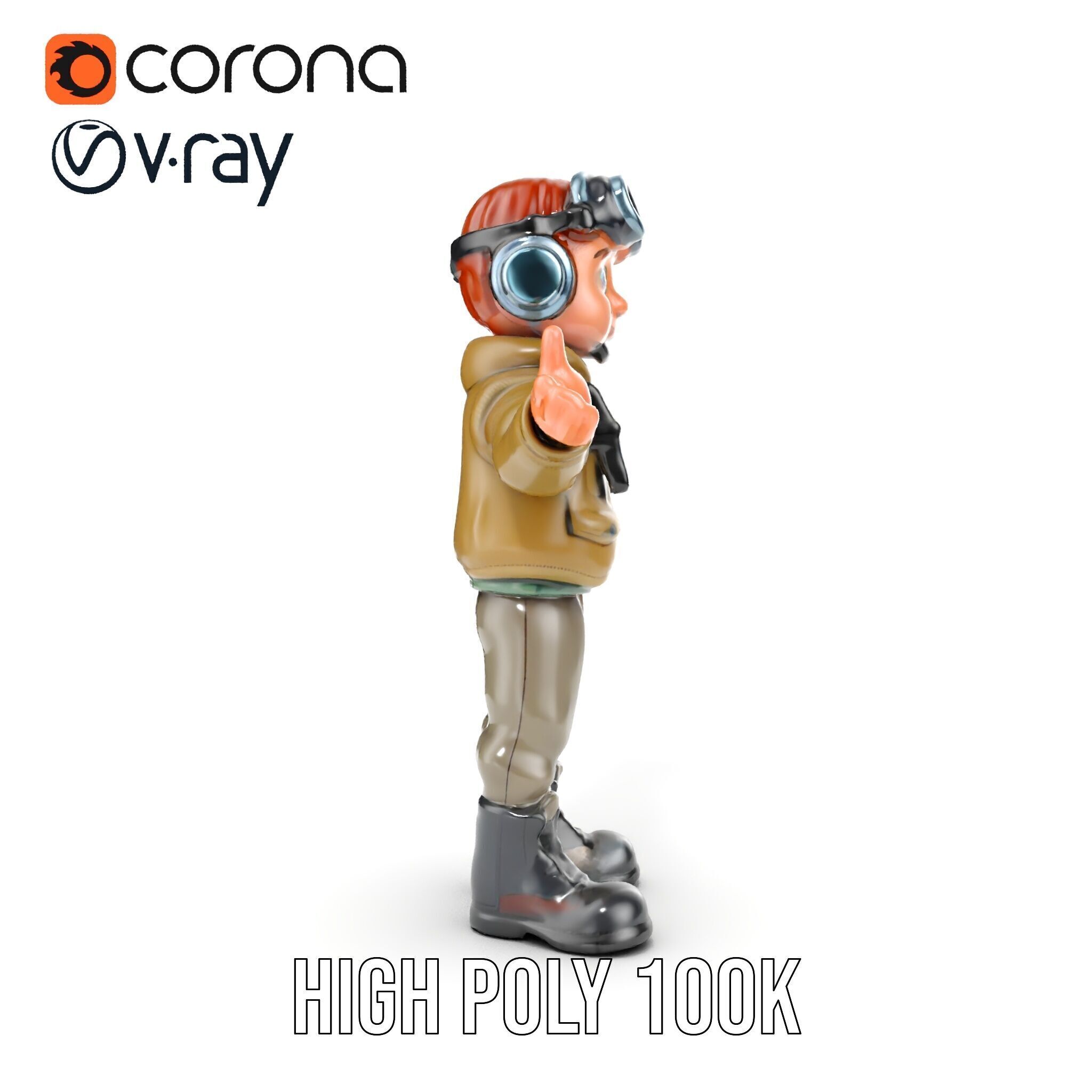 Adventurous Pilot Kid Character Rigged and Animated Low-poly 3D model_32