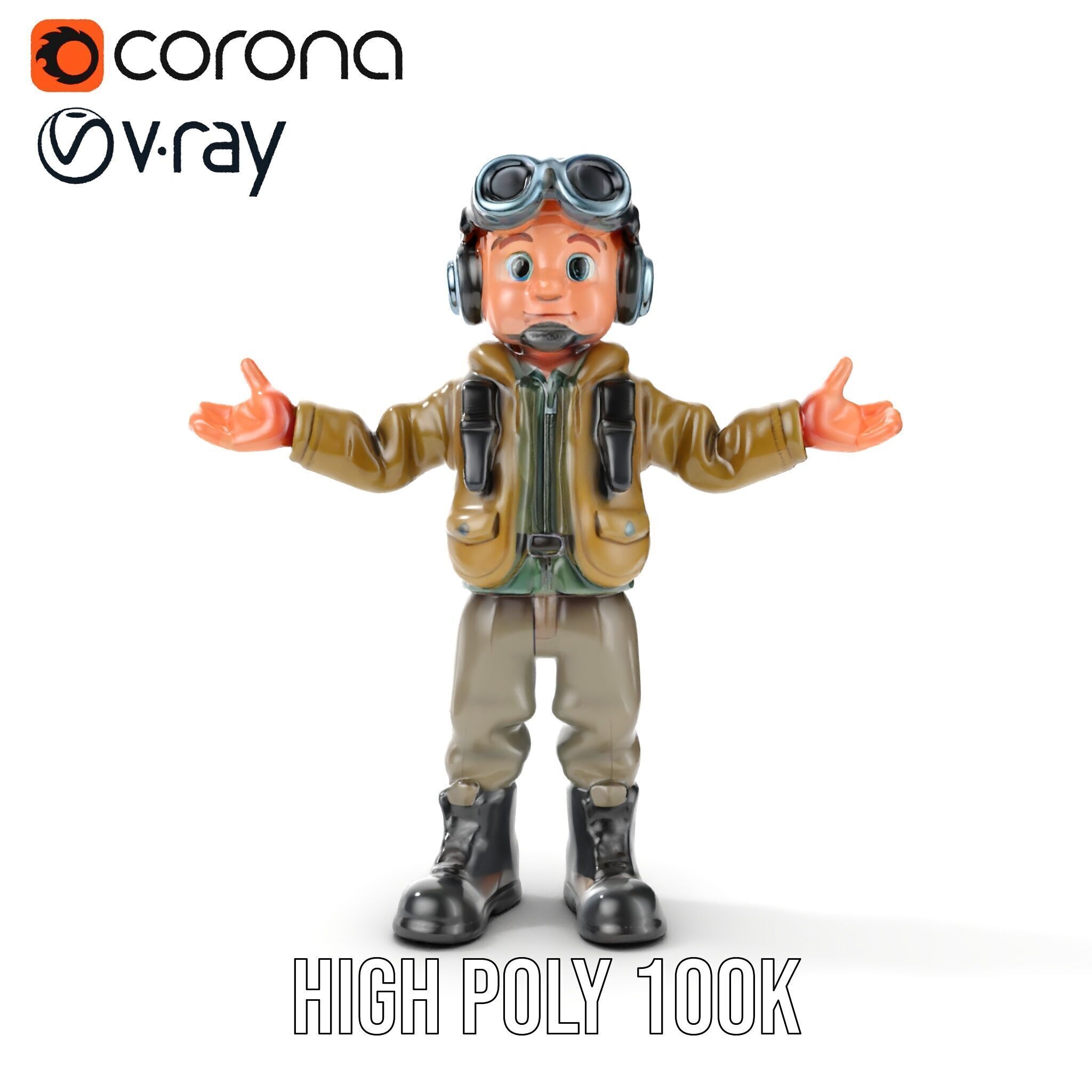Adventurous Pilot Kid Character Rigged and Animated Low-poly 3D model_26