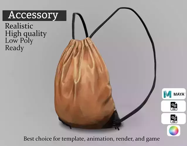 Brown Drawstring Bag - Realistic 3D Model Low-poly 3D model