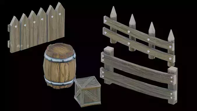 Pack of fences a barrel and a box