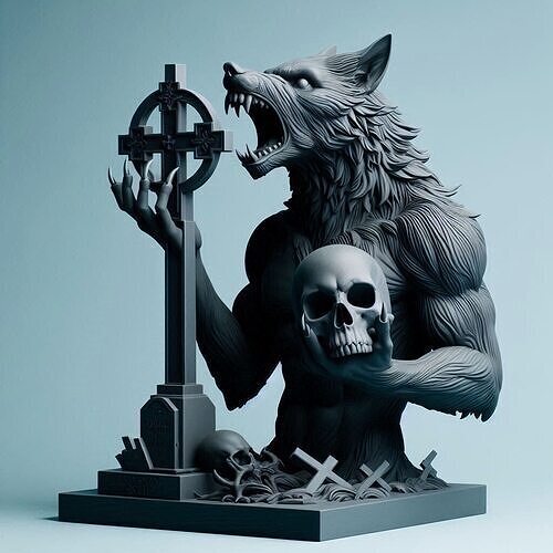 1070COLORFUL  Werewolf Howling with Skull 3D Model 3D print model