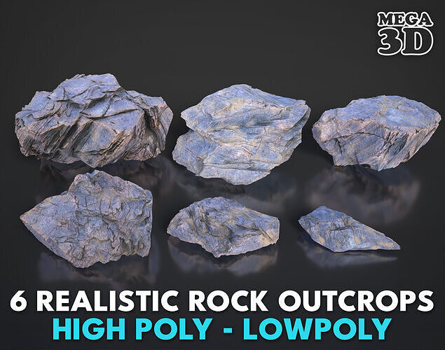 6 Realistic Rock Outcrops 3D Pack - 250702 Low-poly 3D model
