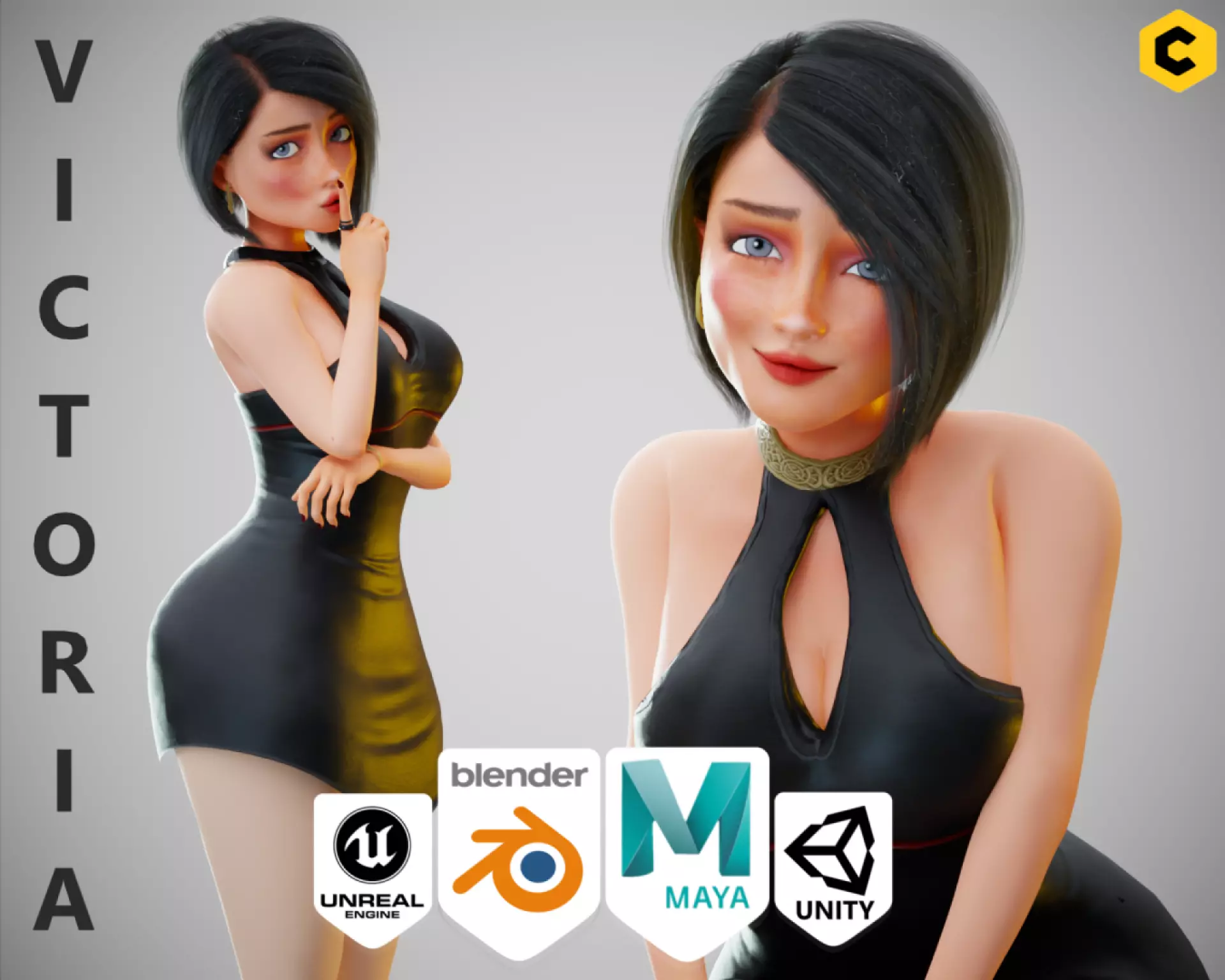 Game Cartoon Girl Character rigged - Victoria Low-poly 3D model