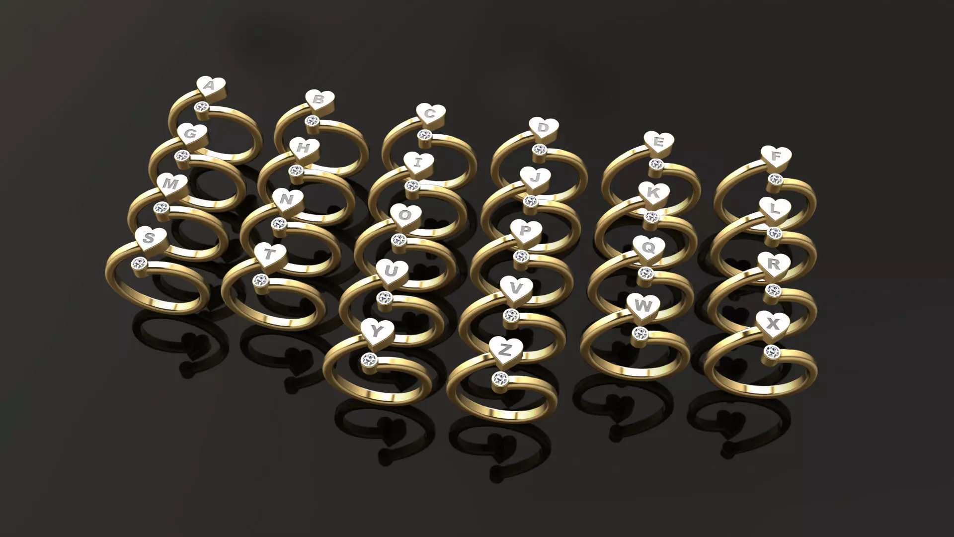 Heart Initial Rings Collection A to Z Alphabet with Diamonds 3D print model_0