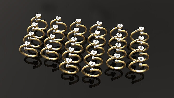 Heart Initial Rings Collection  A to Z Alphabet  with Diamonds 3D print model