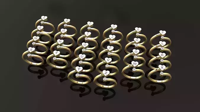 Heart Initial Rings Collection  A to Z Alphabet  with Diamonds