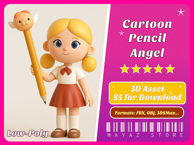 Pencil Angel school supplies Low-poly 3D model
