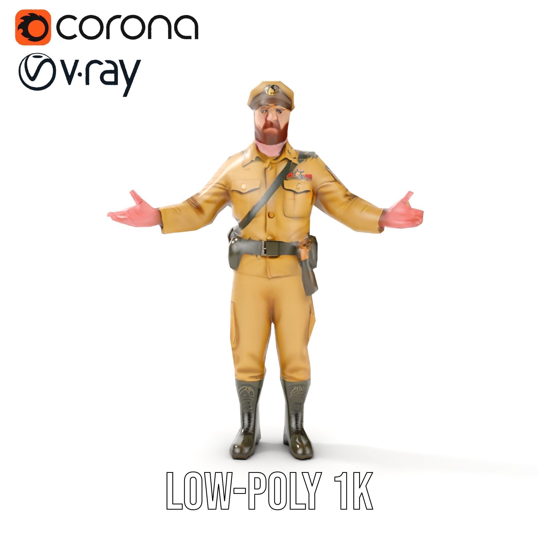 Military Officer D Character Model Rigged and Animated Low-poly 3D model_7