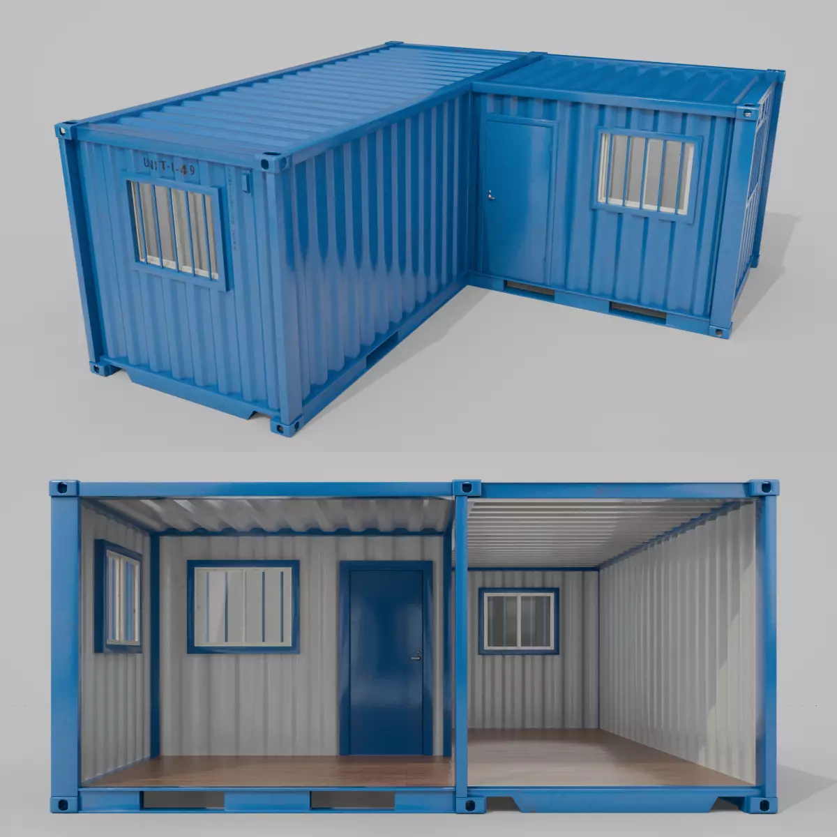 L-Shaped 20ft Shipping Container Room - Modular Corner Unit Low-poly 3D model_0