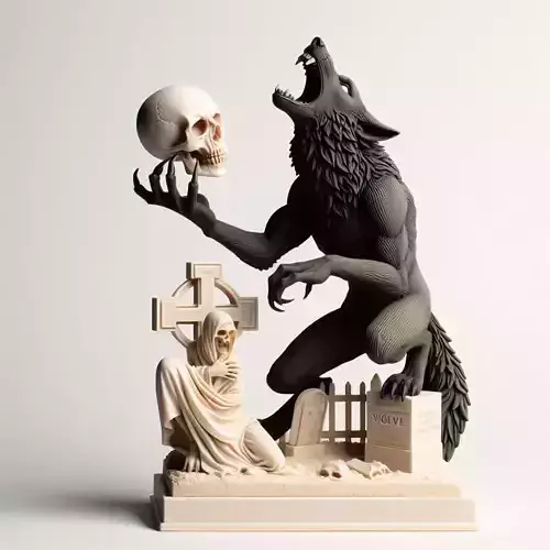 1075COLORFUL  Werewolf Howling with Skull 3D Model