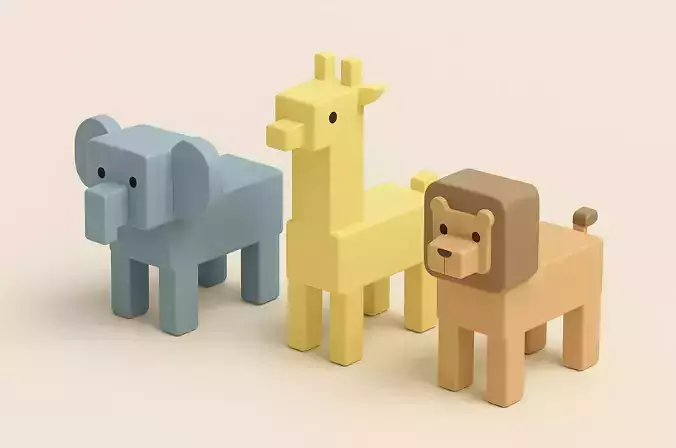 Modular Toy Animal Set  3D Model  Elephant I  Giraffe I Lion