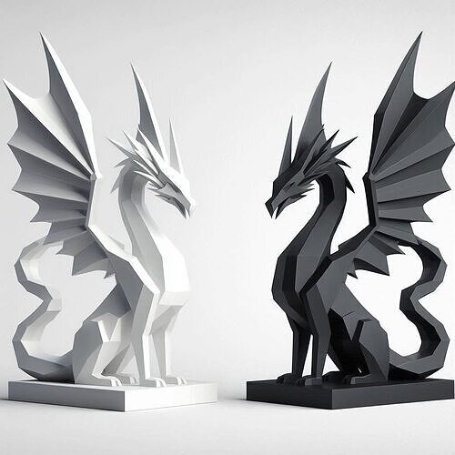 Minimalist Geometric Dragon Sculptures Black and White Pair 3D print model