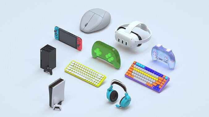 Stylized Gaming Devices Pack - Consoles Keyboards VR Headset Low-poly 3D model