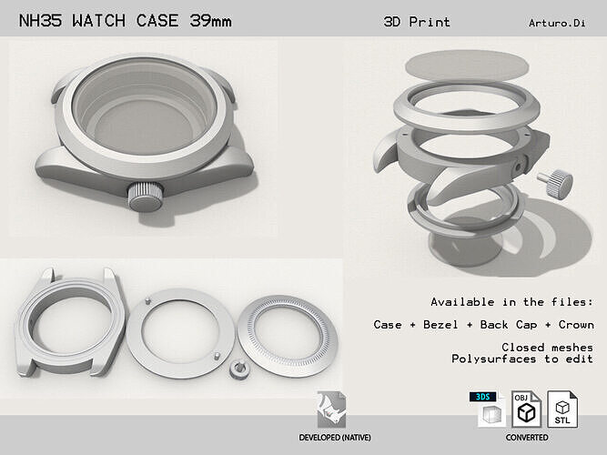 NH35 Watch Case 39mm 3D print model