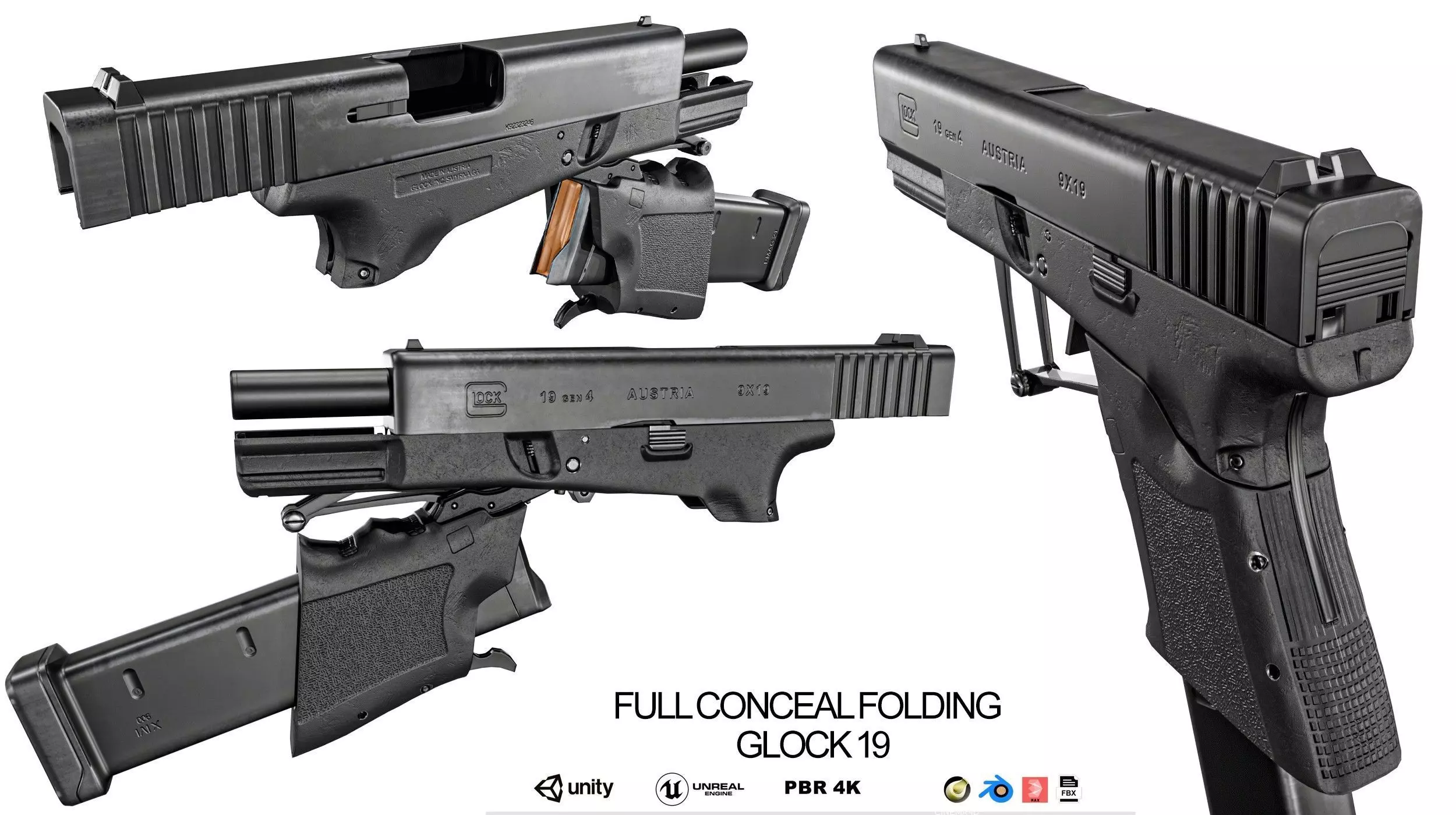 Full Conceal Folding GLOCK 19 Low-poly 3D model_0