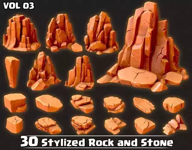 30 Stylized Rock and Stone Game Ready VOL03 Low-poly 3D model