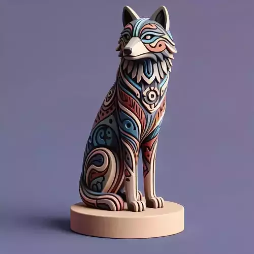 1082 Color 3D Model  Totem Style   Wolf on a Pedestal
