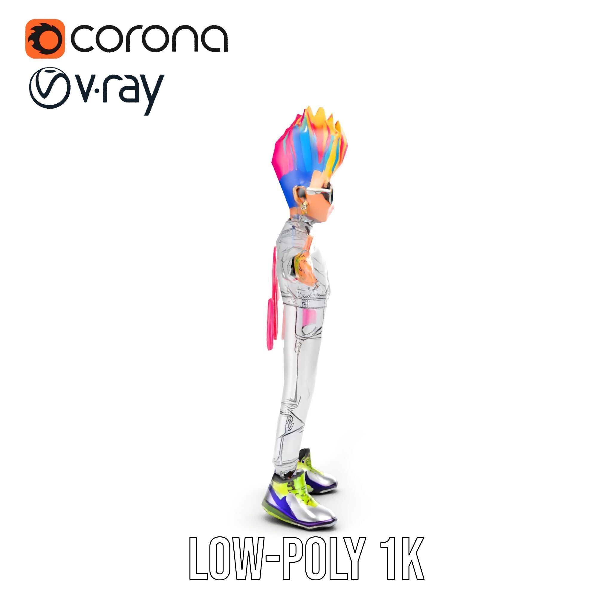 Colorful Mohawk Punk Rocker Character Rigged and Animated Low-poly 3D model_13