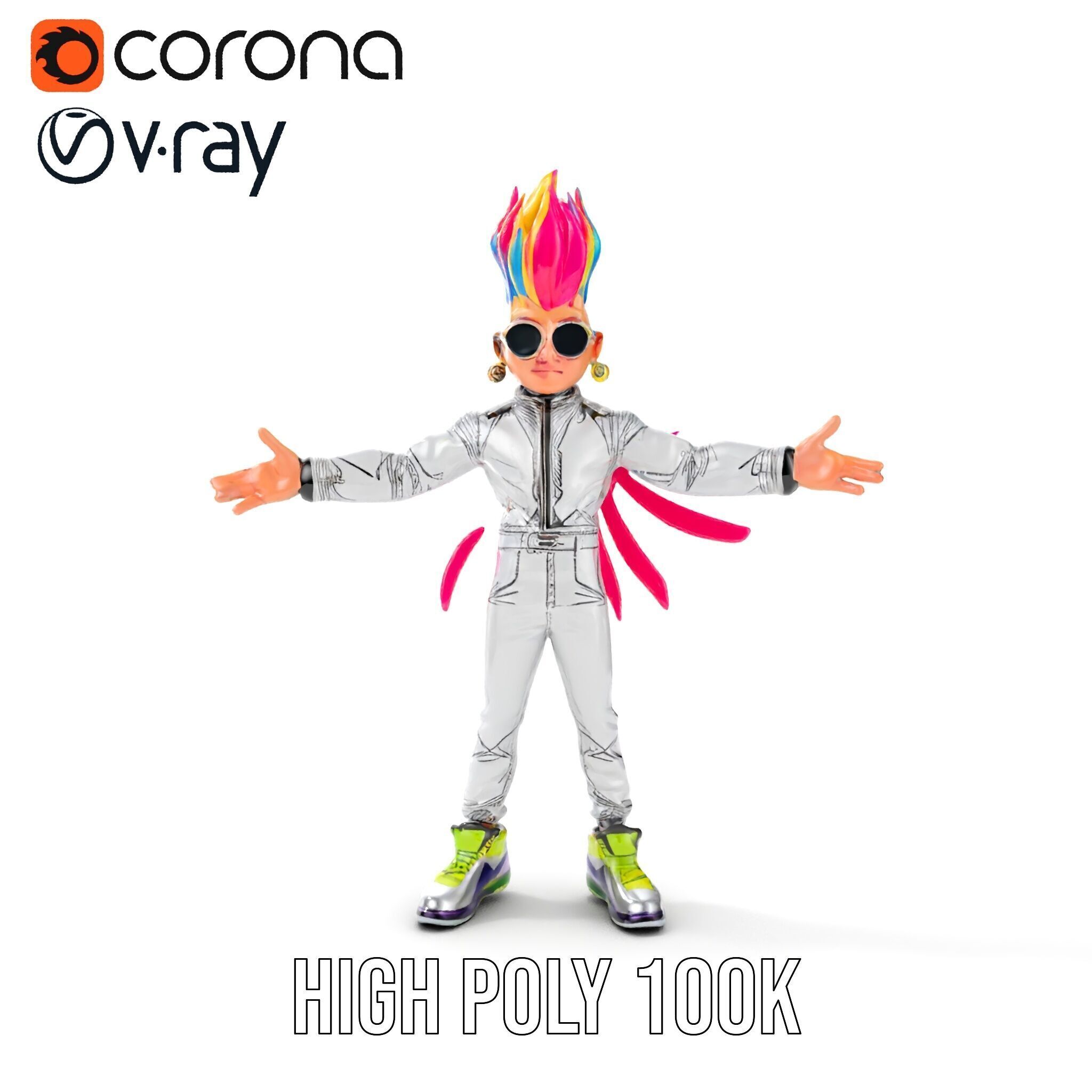 Colorful Mohawk Punk Rocker Character Rigged and Animated Low-poly 3D model_23