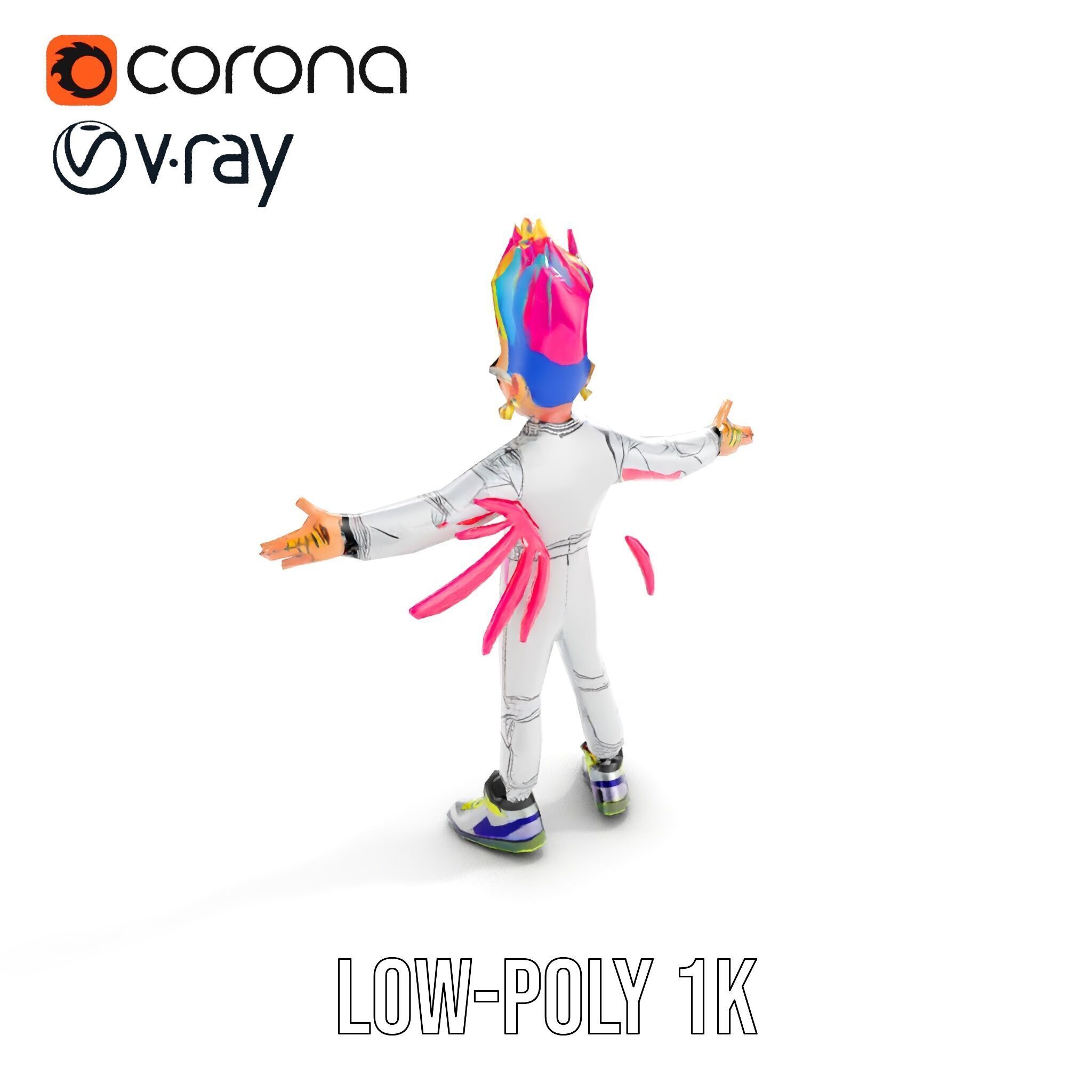 Colorful Mohawk Punk Rocker Character Rigged and Animated Low-poly 3D model_7