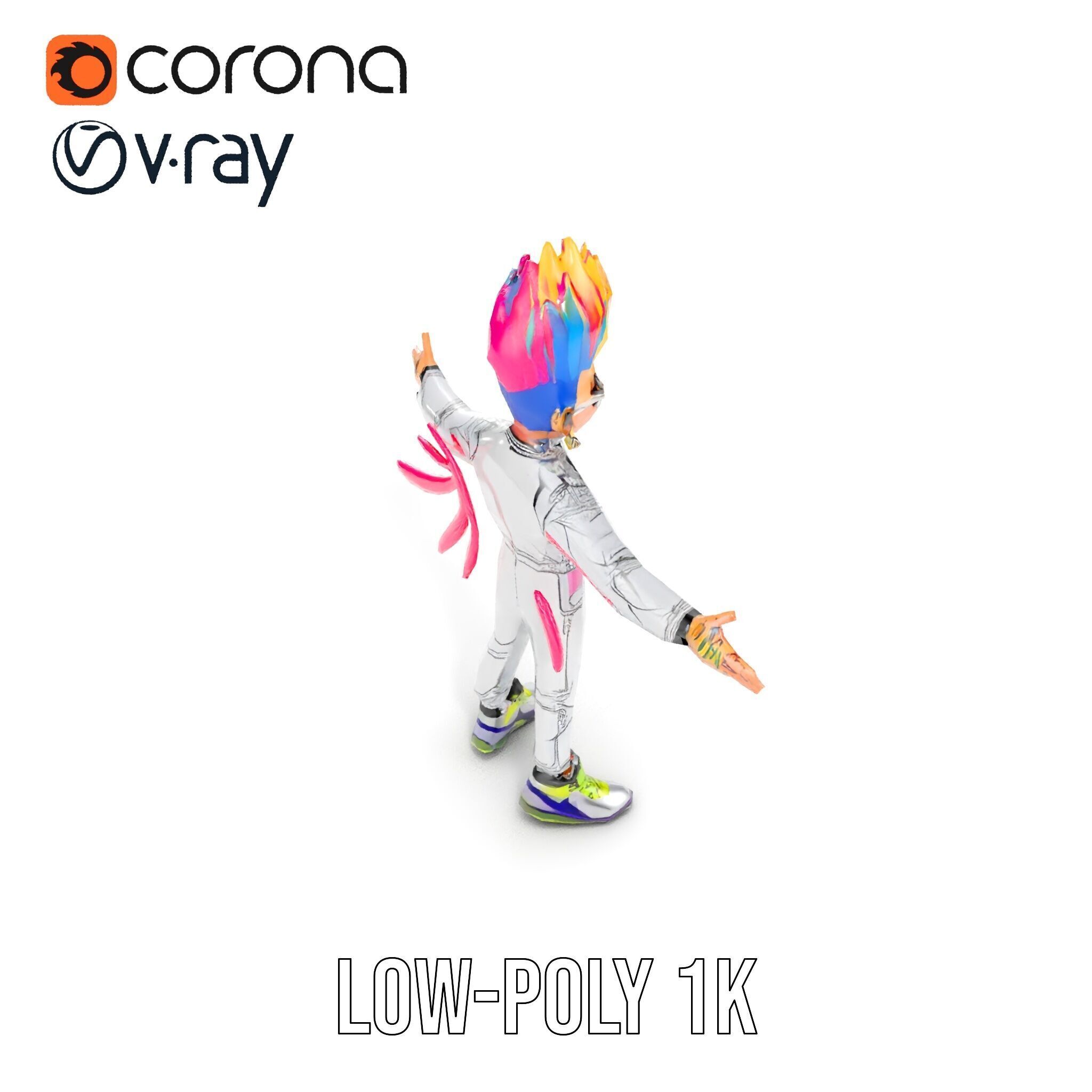 Colorful Mohawk Punk Rocker Character Rigged and Animated Low-poly 3D model_8