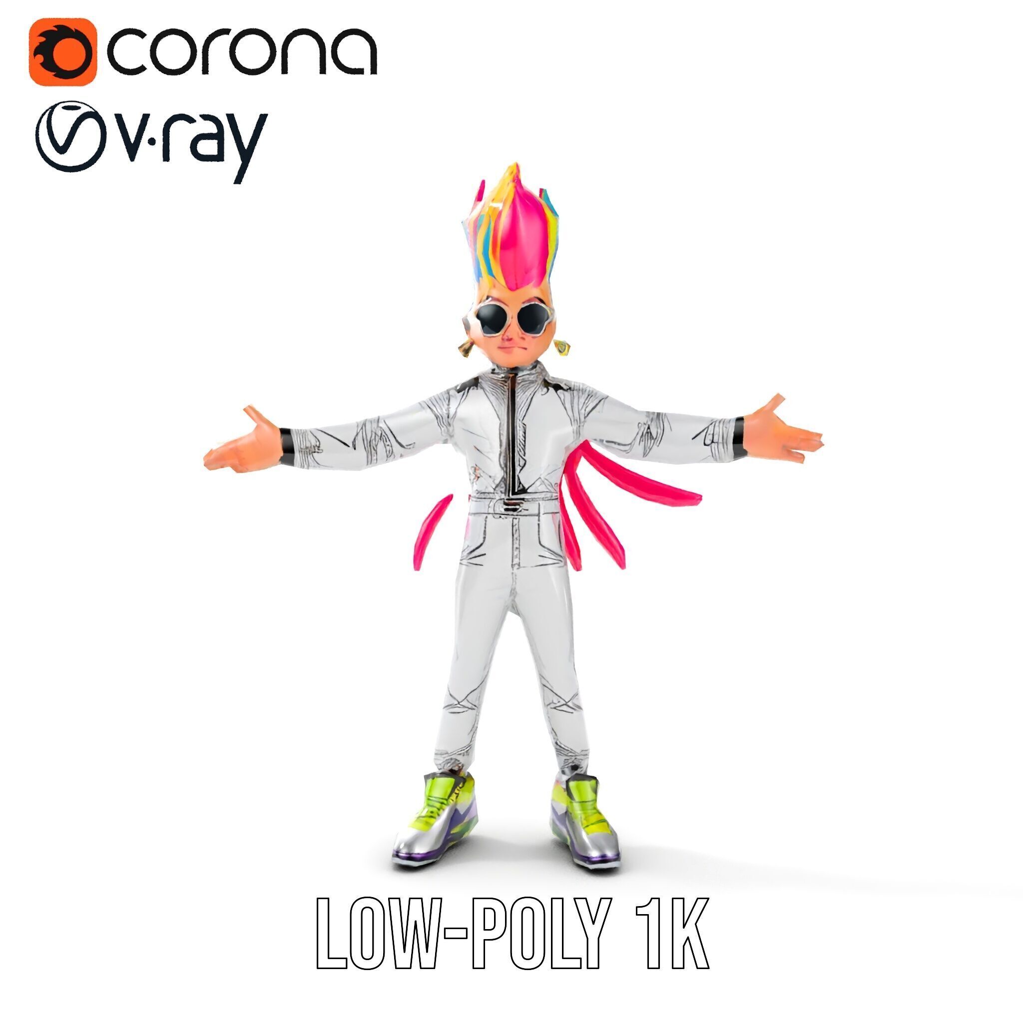 Colorful Mohawk Punk Rocker Character Rigged and Animated Low-poly 3D model_16